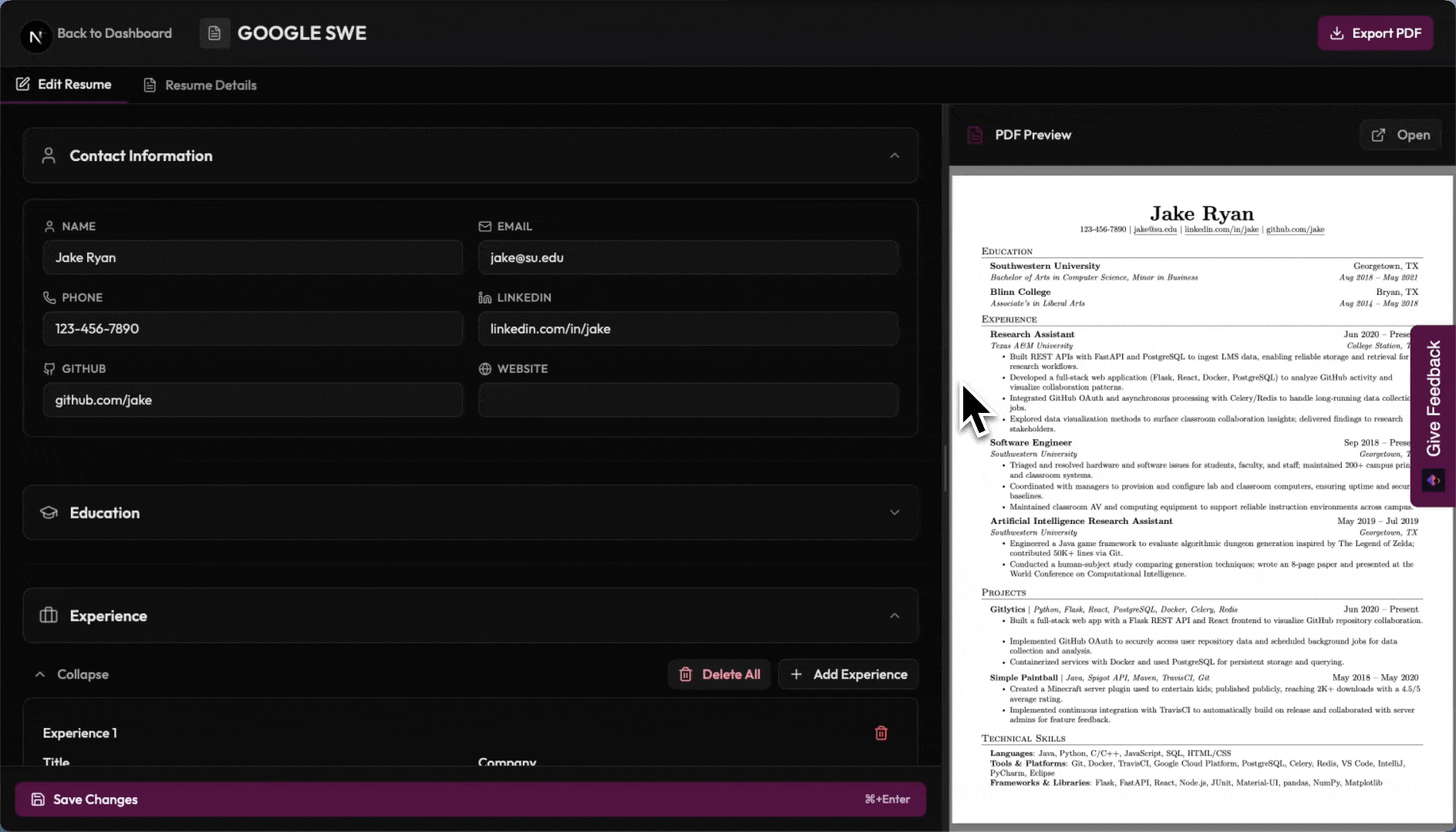 Professional resume editor built-in